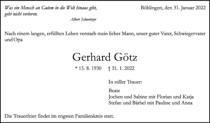  Traueranzeige für Gerhard Götz vom 05.02.2022 aus Leonberger Kreiszeitung / Strohgäu Extra