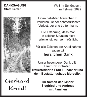 Traueranzeige von Gerhard Kreidl von Leonberger Kreiszeitung / Strohgäu Extra