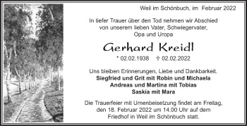 Traueranzeige von Gerhard Kreidl von Leonberger Kreiszeitung / Strohgäu Extra