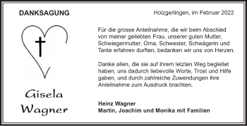 Traueranzeige von Gisela Wagner von Leonberger Kreiszeitung / Strohgäu Extra