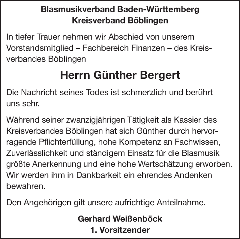  Traueranzeige für Günther Bergert vom 01.02.2022 aus Leonberger Kreiszeitung / Strohgäu Extra