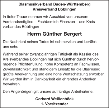 Traueranzeige von Günther Bergert von Leonberger Kreiszeitung / Strohgäu Extra