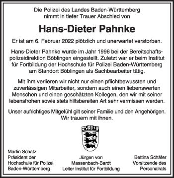 Traueranzeige von Hans-Dieter Pahnke von Leonberger Kreiszeitung / Strohgäu Extra