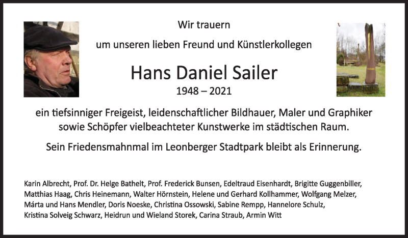  Traueranzeige für Hans Daniel Sailer vom 05.02.2022 aus Leonberger Kreiszeitung / Strohgäu Extra