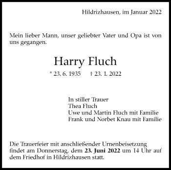 Traueranzeige von Harry Fluch von Leonberger Kreiszeitung / Strohgäu Extra
