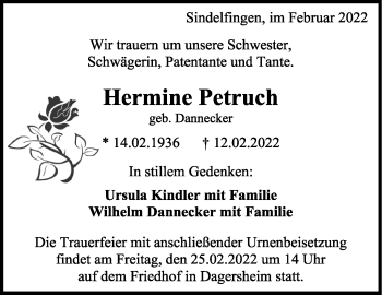 Traueranzeige von Hermine Petruch von Leonberger Kreiszeitung / Strohgäu Extra
