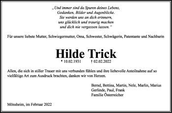 Traueranzeige von Hilde Trick von Leonberger Kreiszeitung / Strohgäu Extra