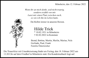 Traueranzeige von Hilde Trick von Leonberger Kreiszeitung / Strohgäu Extra