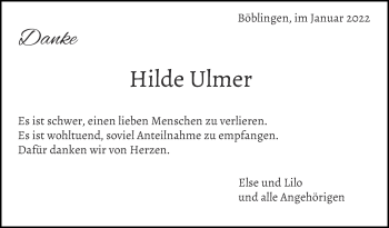 Traueranzeige von Hilde Ulmer von Leonberger Kreiszeitung / Strohgäu Extra