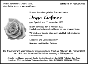 Traueranzeige von Inge Geßner von Leonberger Kreiszeitung / Strohgäu Extra