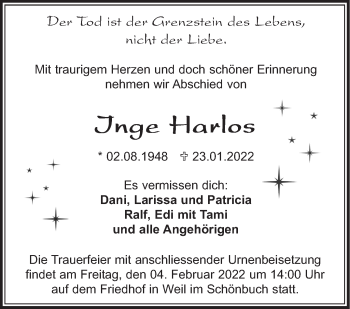 Traueranzeige von Inge Harlos von Leonberger Kreiszeitung / Strohgäu Extra
