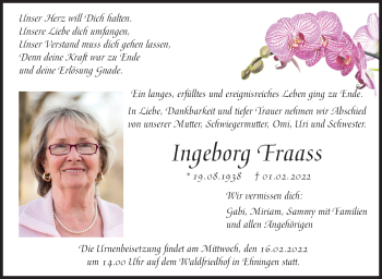 Traueranzeige von Ingeborg Fraass von Leonberger Kreiszeitung / Strohgäu Extra