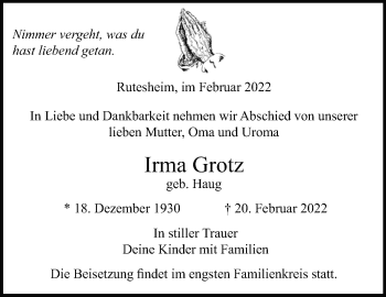 Traueranzeige von Irma Grotz von Leonberger Kreiszeitung / Strohgäu Extra