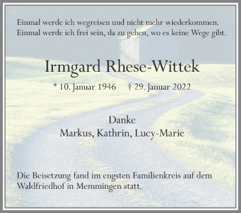 Traueranzeige von Irmgard Rhese-Wittek von Leonberger Kreiszeitung / Strohgäu Extra