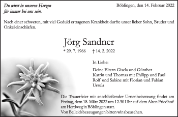 Traueranzeige von Jörg Sandner von Leonberger Kreiszeitung / Strohgäu Extra