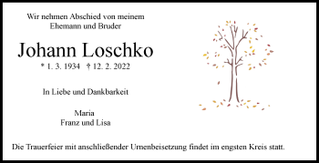 Traueranzeige von Johann Loschko von Leonberger Kreiszeitung / Strohgäu Extra
