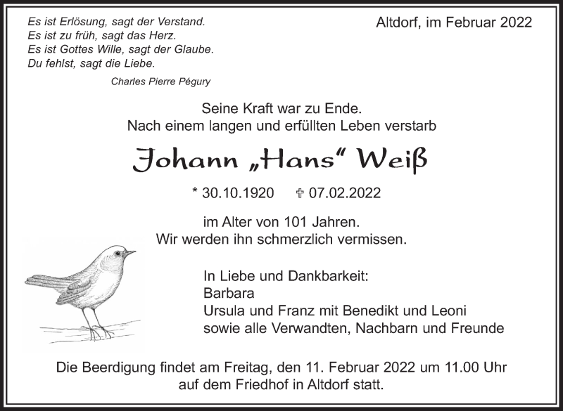  Traueranzeige für Johann Weiß vom 09.02.2022 aus Leonberger Kreiszeitung / Strohgäu Extra