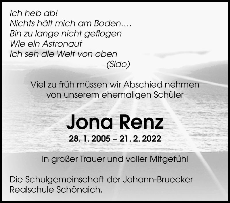  Traueranzeige für Jona Renz vom 26.02.2022 aus Leonberger Kreiszeitung / Strohgäu Extra