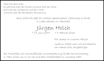 Traueranzeige von Jürgen Holch von Leonberger Kreiszeitung / Strohgäu Extra