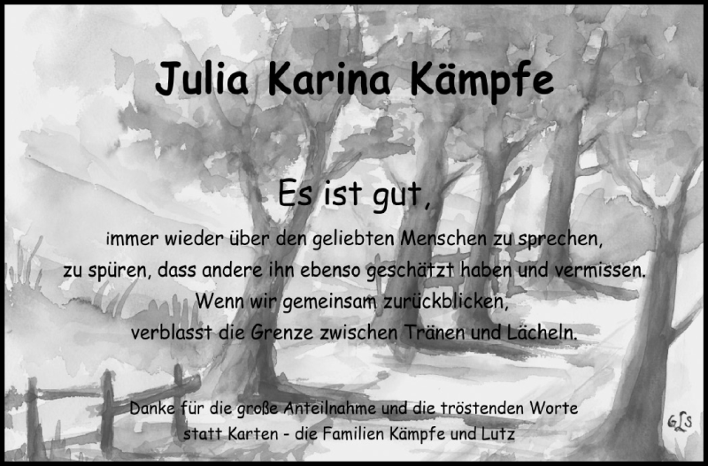  Traueranzeige für Julia Karina Kämpfe vom 12.02.2022 aus Leonberger Kreiszeitung / Strohgäu Extra
