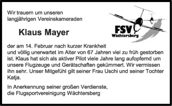 Traueranzeige von Klaus Mayer von Leonberger Kreiszeitung / Strohgäu Extra