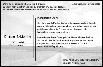 Traueranzeige von Klaus Stierle von Leonberger Kreiszeitung / Strohgäu Extra