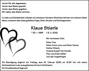 Traueranzeige von Klaus Stierle von Leonberger Kreiszeitung / Strohgäu Extra