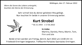 Traueranzeige von Kurt Strobel von Leonberger Kreiszeitung / Strohgäu Extra
