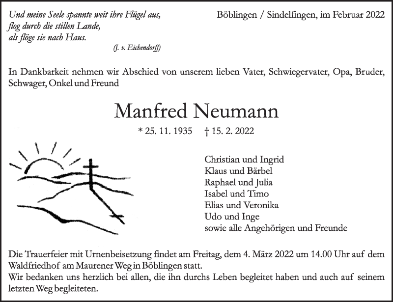  Traueranzeige für Manfred Neumann vom 18.02.2022 aus Leonberger Kreiszeitung / Strohgäu Extra
