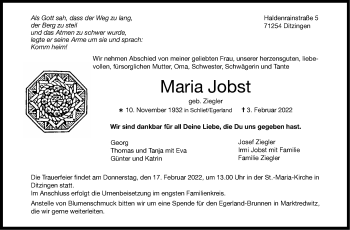 Traueranzeige von Maria Jobst von Leonberger Kreiszeitung / Strohgäu Extra