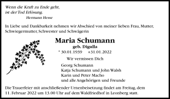 Traueranzeige von Maria Schumann von Leonberger Kreiszeitung / Strohgäu Extra