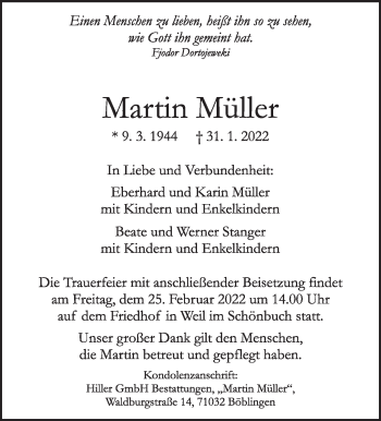 Traueranzeige von Martin Müller von Leonberger Kreiszeitung / Strohgäu Extra
