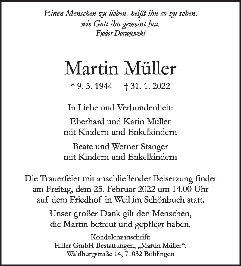  Traueranzeige für Martin Müller vom 19.02.2022 aus Leonberger Kreiszeitung / Strohgäu Extra