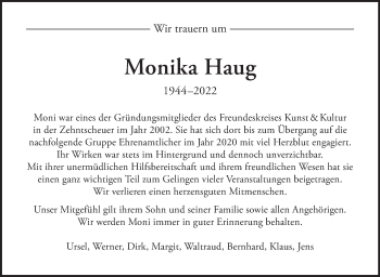 Traueranzeige von Monika Haug von Leonberger Kreiszeitung / Strohgäu Extra