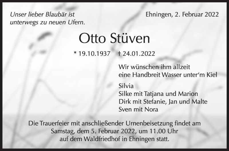  Traueranzeige für Otto Stüven vom 03.02.2022 aus Leonberger Kreiszeitung / Strohgäu Extra
