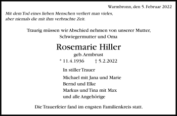 Traueranzeige von Rosemarie Hiller von Leonberger Kreiszeitung / Strohgäu Extra