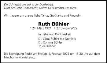 Traueranzeige von Ruth Bühler von Leonberger Kreiszeitung / Strohgäu Extra