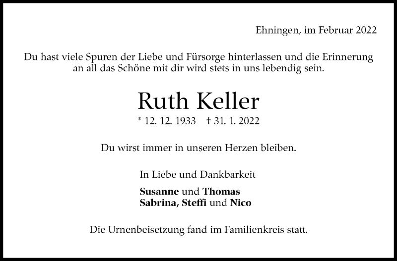  Traueranzeige für Ruth Keller vom 24.02.2022 aus Leonberger Kreiszeitung / Strohgäu Extra