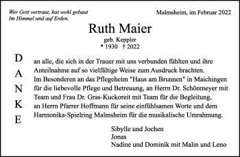 Traueranzeige von Ruth Maier von Leonberger Kreiszeitung / Strohgäu Extra