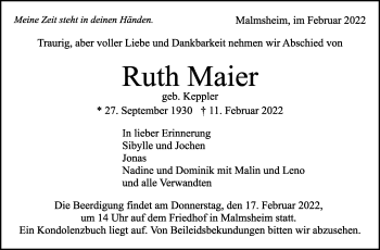 Traueranzeige von Ruth Maier von Leonberger Kreiszeitung / Strohgäu Extra