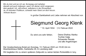 Traueranzeige von Siegmund Georg Klenk von Leonberger Kreiszeitung / Strohgäu Extra