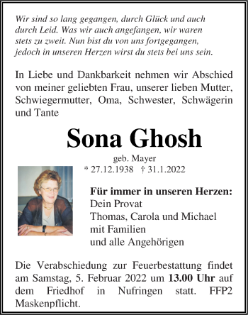 Traueranzeige von Sona Ghosh von Leonberger Kreiszeitung / Strohgäu Extra