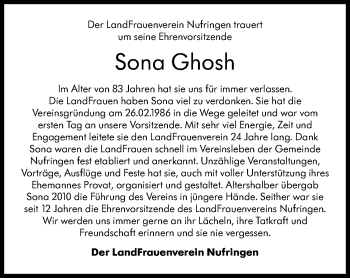 Traueranzeige von Sona Ghosh von Leonberger Kreiszeitung / Strohgäu Extra