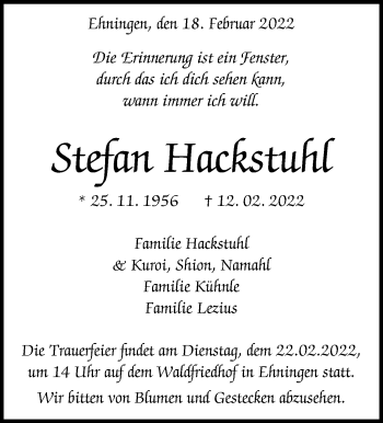 Traueranzeige von Stefan Hackstuhl von Leonberger Kreiszeitung / Strohgäu Extra