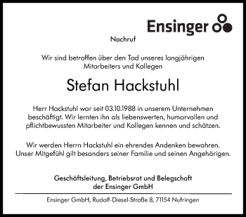 Traueranzeige von Stefan Hackstuhl von Leonberger Kreiszeitung / Strohgäu Extra