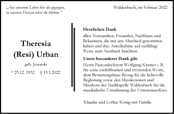Traueranzeige von Theresia Urban von Leonberger Kreiszeitung / Strohgäu Extra