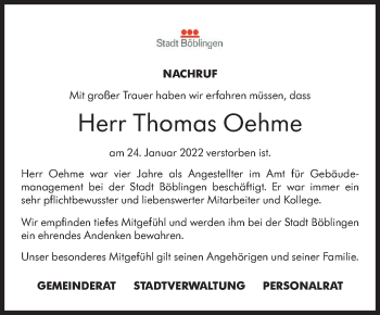 Traueranzeige von Thomas Oehme von Leonberger Kreiszeitung / Strohgäu Extra