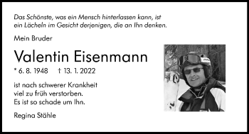 Traueranzeige von Valentin Eisenmann von Leonberger Kreiszeitung / Strohgäu Extra