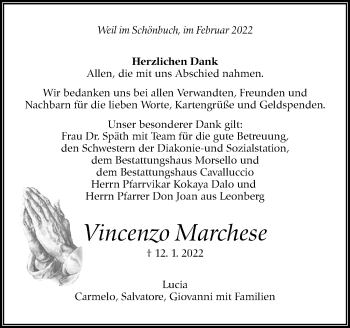 Traueranzeige von Vincenzo Marchese von Leonberger Kreiszeitung / Strohgäu Extra