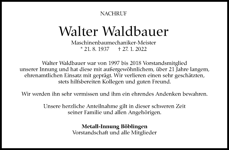  Traueranzeige für Walter Waldbauer vom 05.02.2022 aus Leonberger Kreiszeitung / Strohgäu Extra